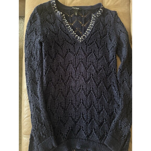 WHBM Navy Blue Jeweled Open Knit V Neck Pullover Sweater Small - Picture 3 of 9